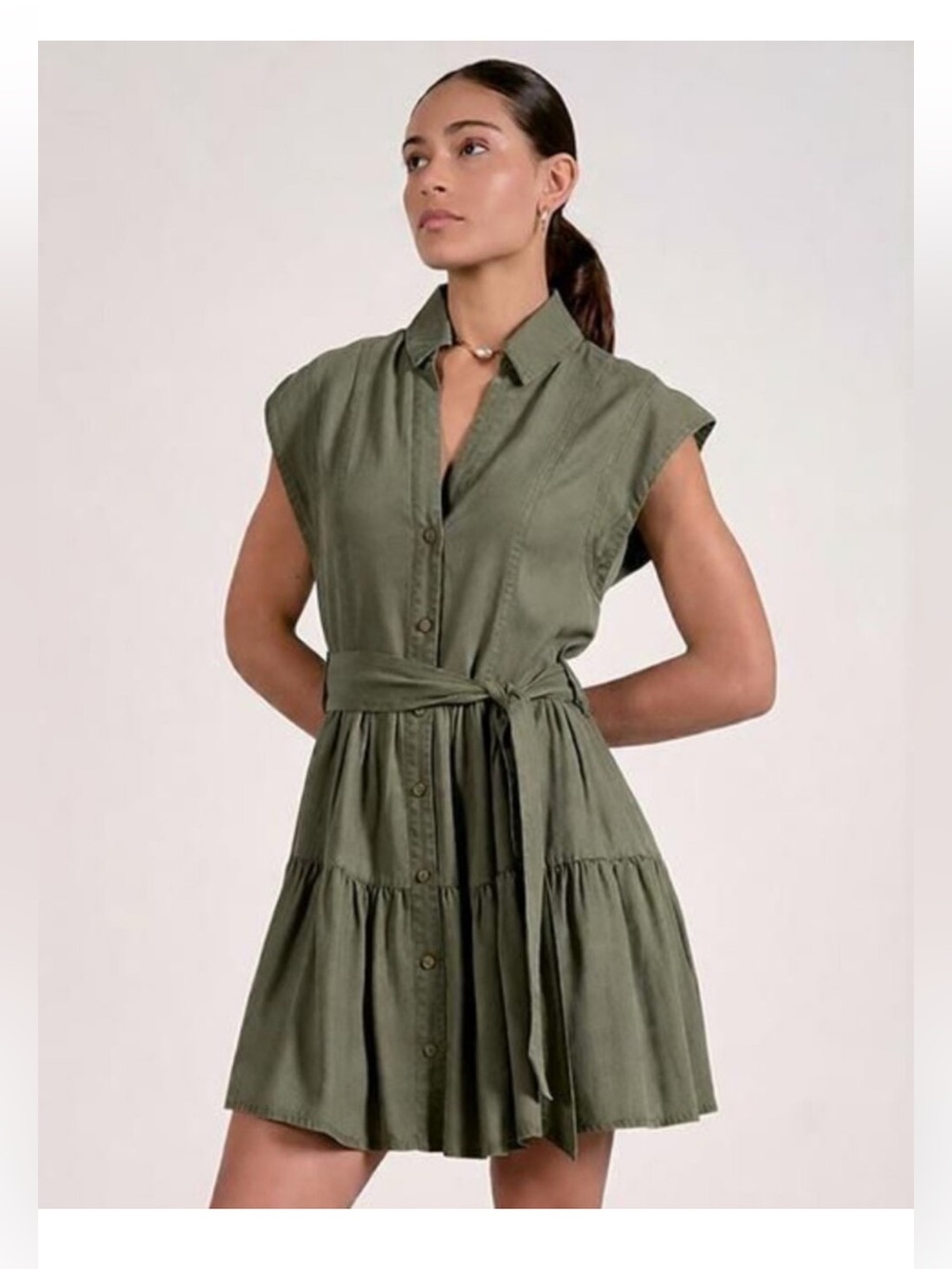 Elan Army Green Julia Tiered Belted Shirt Mini Dress NWT